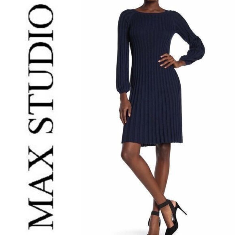 Max Studio Pleated Knit Navy Dress NWT